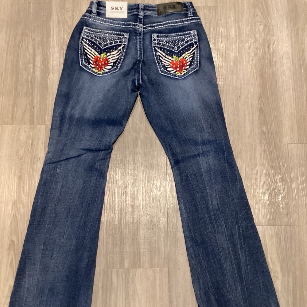 SKY Premium Collection Low Rise Boot Cut Jeans Size 7/8 Embellishments